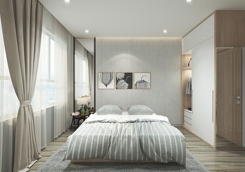 Không gian phòng ngủ với thiết kế mở cùng trang trí rèm cửa nhẹ nhàng, thư giãn