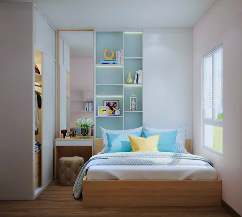 Phòng ngủ nhỏ thiết kế hệ thống kệ tủ âm tường tối ưu diện tích