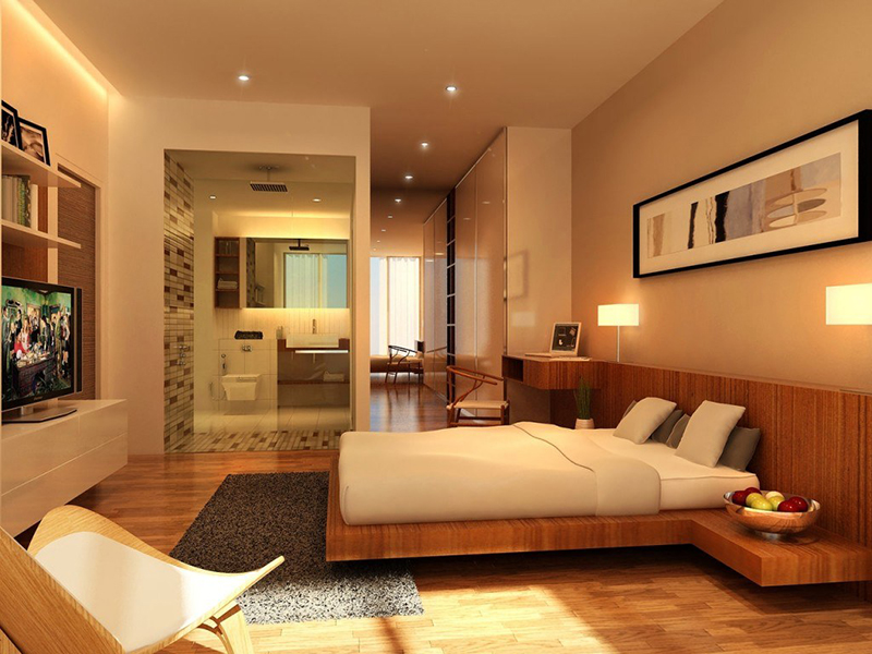 Mẫu 05: Không gian phòng ngủ hiện đại, ấm cúng với nội thất gỗ và ánh sáng vàng nhẹ nhàng