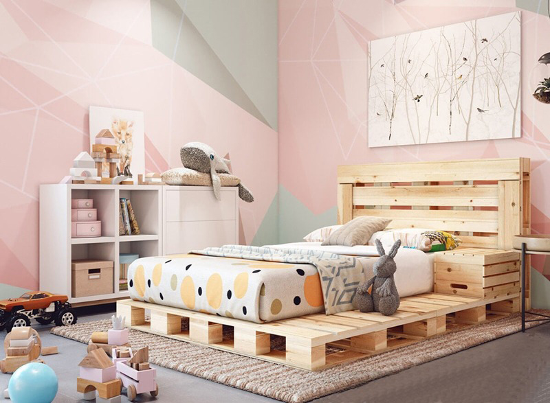 Mẫu 10: Giường ngủ gỗ pallet cho trẻ em với trang trí nhẹ nhàng, đường nét đơn giản