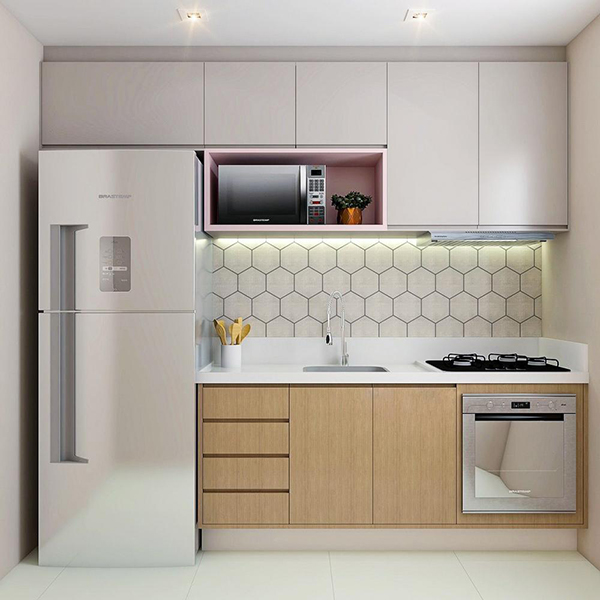 Thiết kế phòng bếp với tủ bếp chữ I hiện đại, tối giản