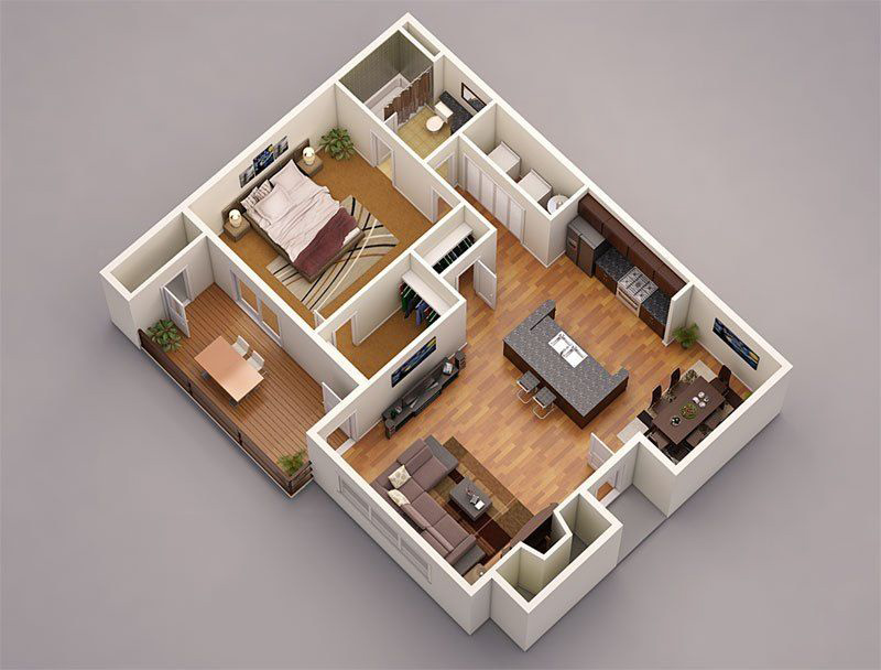 Mặt bằng nội thất 3D căn hộ 65m2 1 phòng ngủ