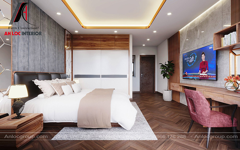 Phòng ngủ master trang trí đơn giản đầy đủ tiện nghi