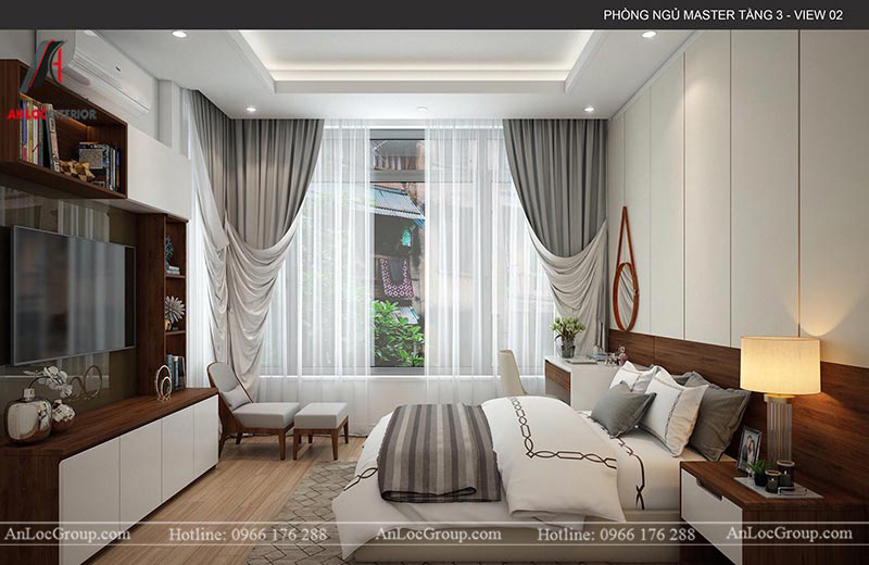 Phòng ngủ thiết kế mở với trang trí rèm mềm mại và nhẹ nhàng