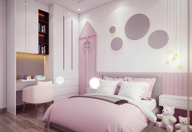 Thiết kế phòng ngủ bé gái nhẹ nhàng với tone màu trắng hồng 