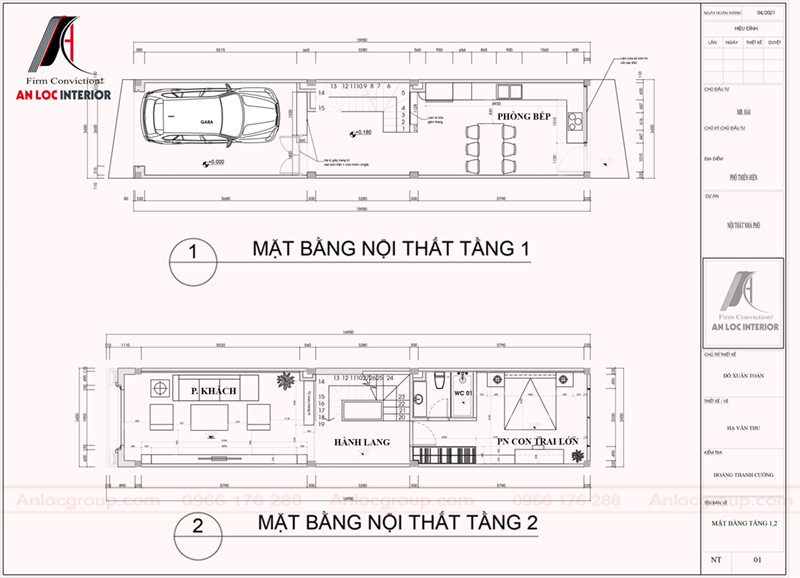Bản vẽ bố trí mặt bằng tầng 1, tầng 2 nhà phố 5x20m tại Hà Nội