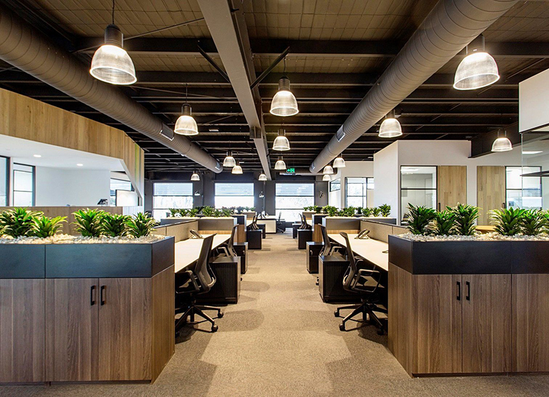 Không gian văn phòng mở 90m2 với tone màu nâu gỗ thu hút