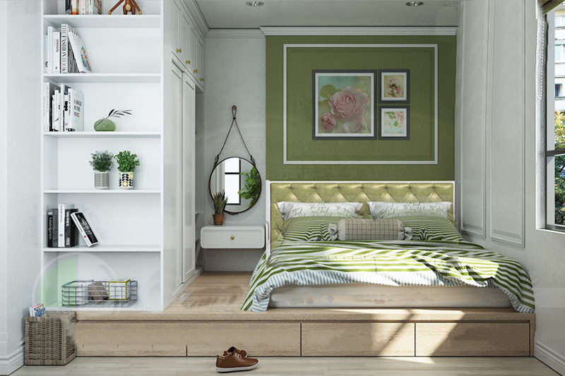 Mẫu 16: Phòng ngủ gỗ công nghiệp tràn đầy sắc xanh, năng lượng sống