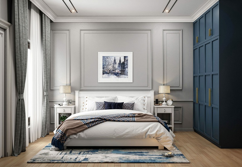 Mẫu 28: Phòng ngủ tân cổ điển màu xám nhạt và xanh dương mang lại sự dễ chịu cho người nhìn