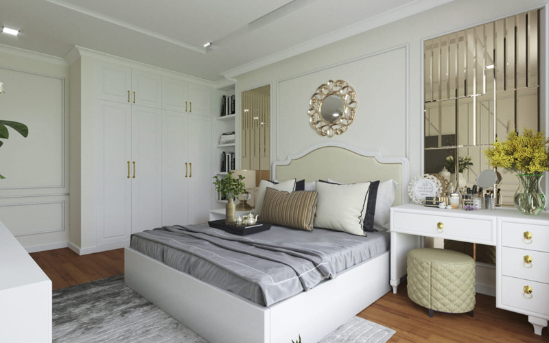 Mẫu 27: Trọn bộ giường, tủ, bàn trang điểm với các đường nét đặc trưng của tân cổ điển
