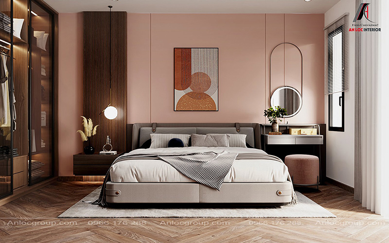Trang trí nội thất phòng ngủ 19m2 tone màu hồng
