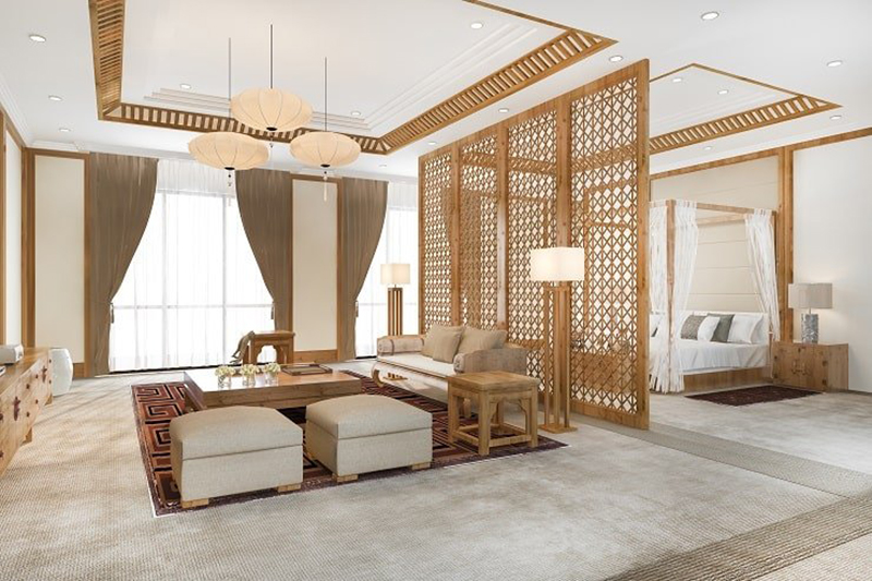 Thiết kế phòng khách kết hợp phòng ngủ với nội thất gỗ sang trọng