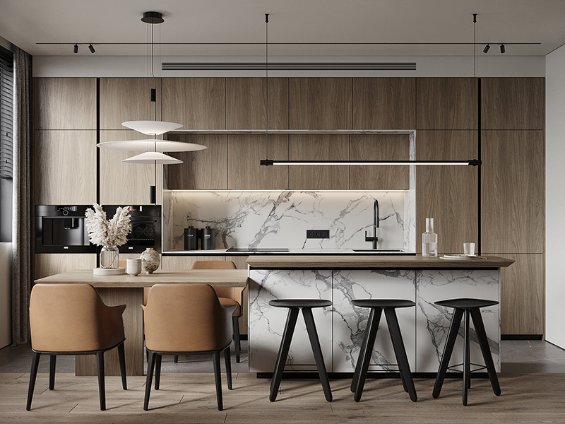 Thiết kế nội thất chung cư 58m2 phòng bếp hiện đại
