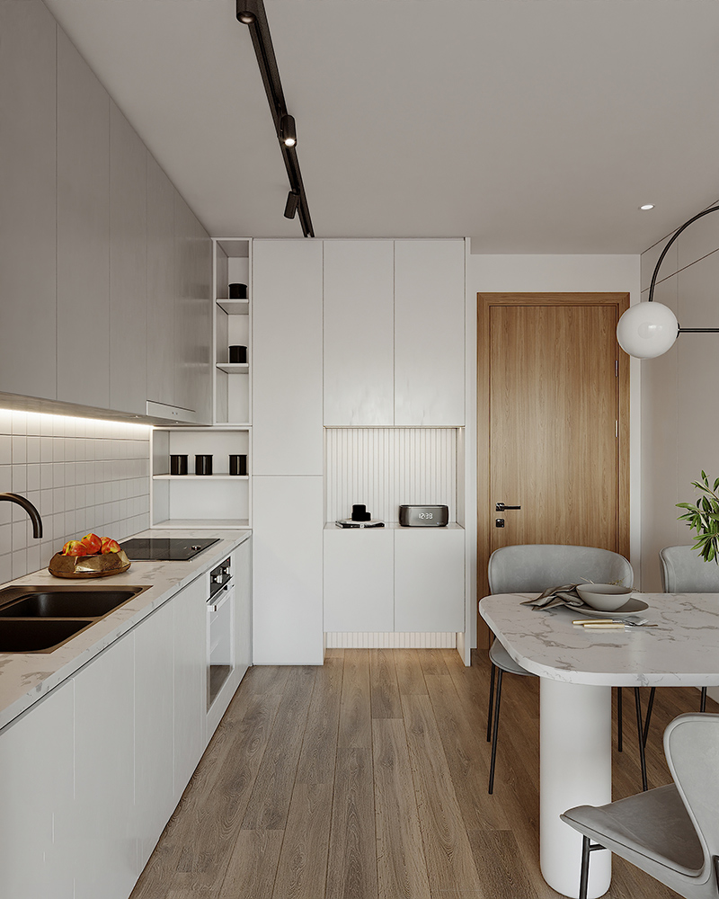 Thiết kế nội thất phòng bếp căn hộ 77m2 với hệ tủ âm tường tạo sự vuông vắn
