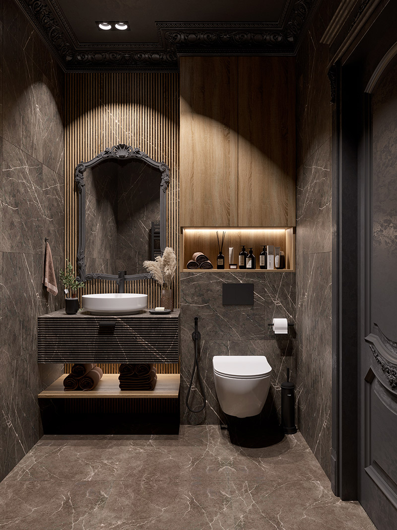 Họa tiết viền gương trau chuốt, tỉ mỉ cho thiết kế nội thất phòng tắm chung cư 77m2