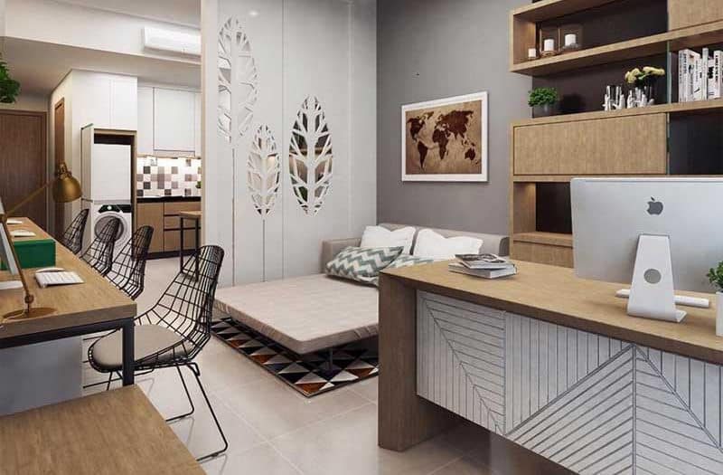 Vách ngăn gỗ tinh tế phân chia khu vực phòng bếp và phòng làm việc thiết kế officetel để ở