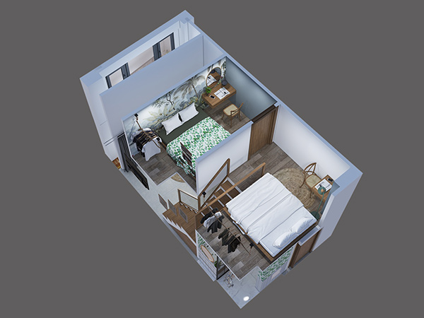 Thiết kế chung cư mini 30m2 với 2 phòng ngủ bố trí khu vực gác xép 
