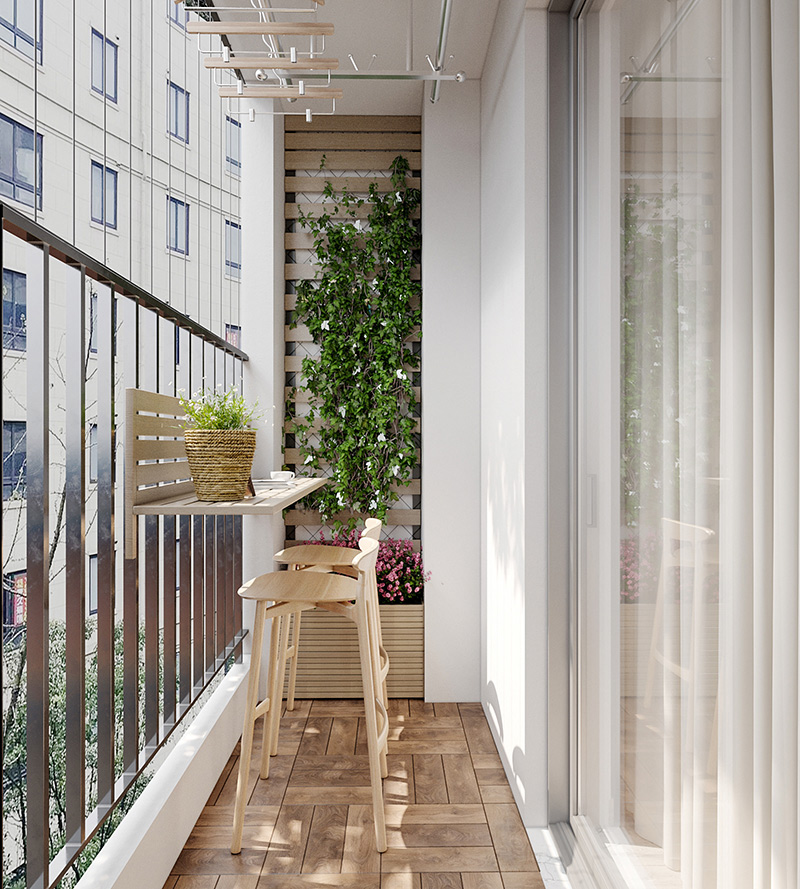 Góc ban công nhỏ xinh nhiều cây xanh cho thiết kế nội thất căn hộ chung cư 50m2