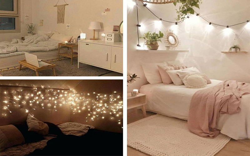 Ánh sáng từ những chiếc đèn mang đến sự lãng mạn cho không gian phòng ngủ 