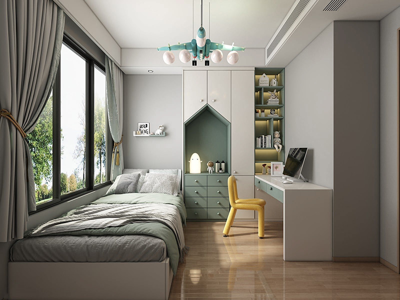 Mẫu 32: Thiết kế phòng ngủ nhỏ đẹp với đồ nội thất gỗ công nghiệp 