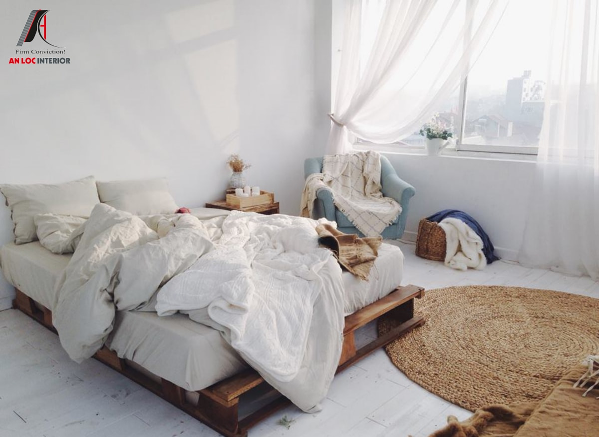 Chất liệu gỗ tự nhiên được kết hợp với gam màu trắng chủ đạo tạo sự gần gũi cho phòng ngủ Vintage