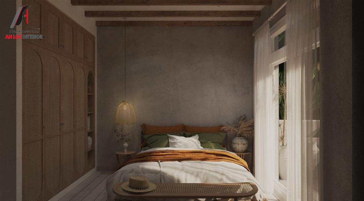 Decor phòng ngủ phong cách Vintage với bức tường giả bê tông cùng nội thất gỗ tự nhiên