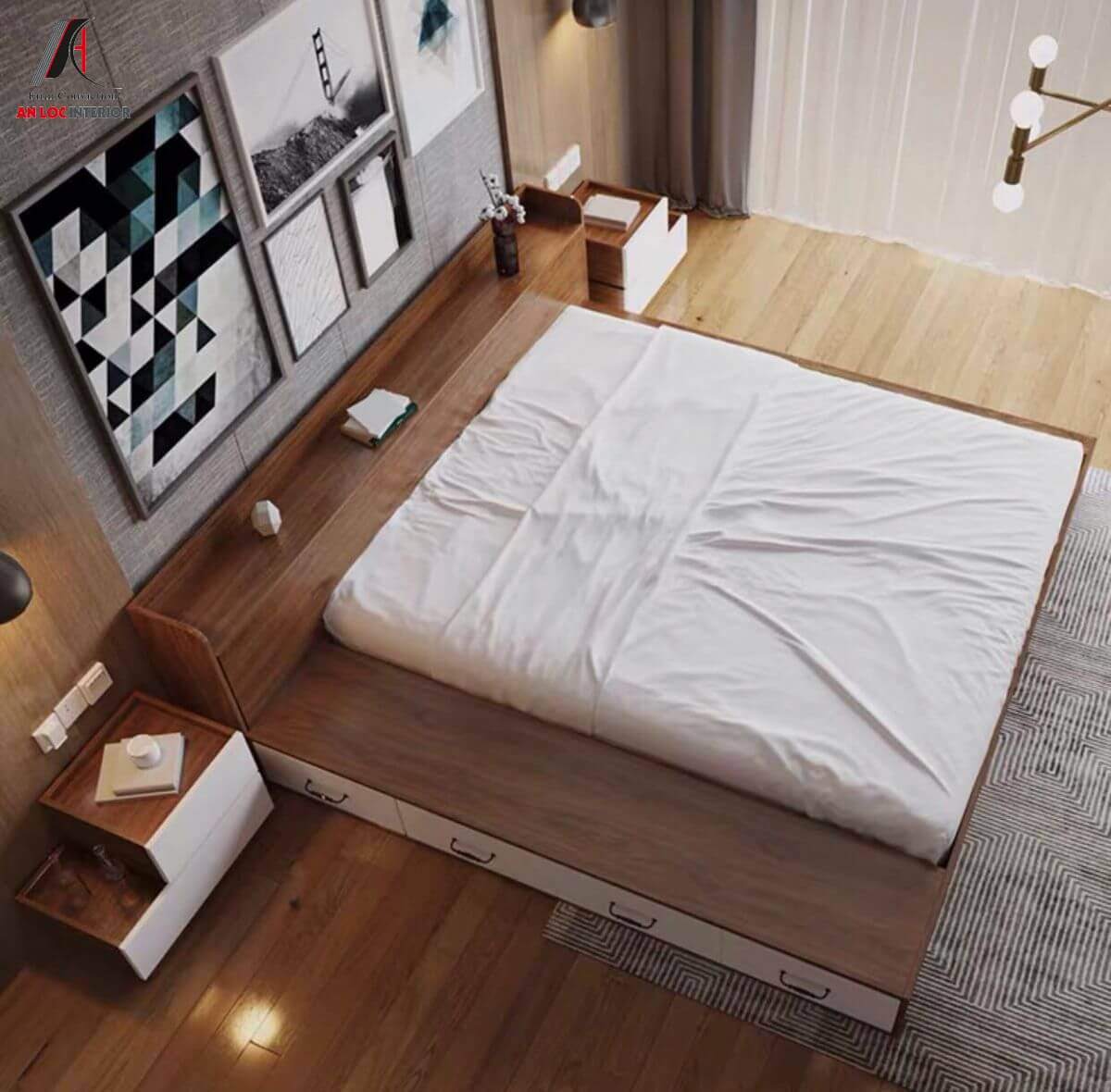 Thiết kế phòng ngủ giường bệt kết hợp ngăn kéo và tủ đầu giường 