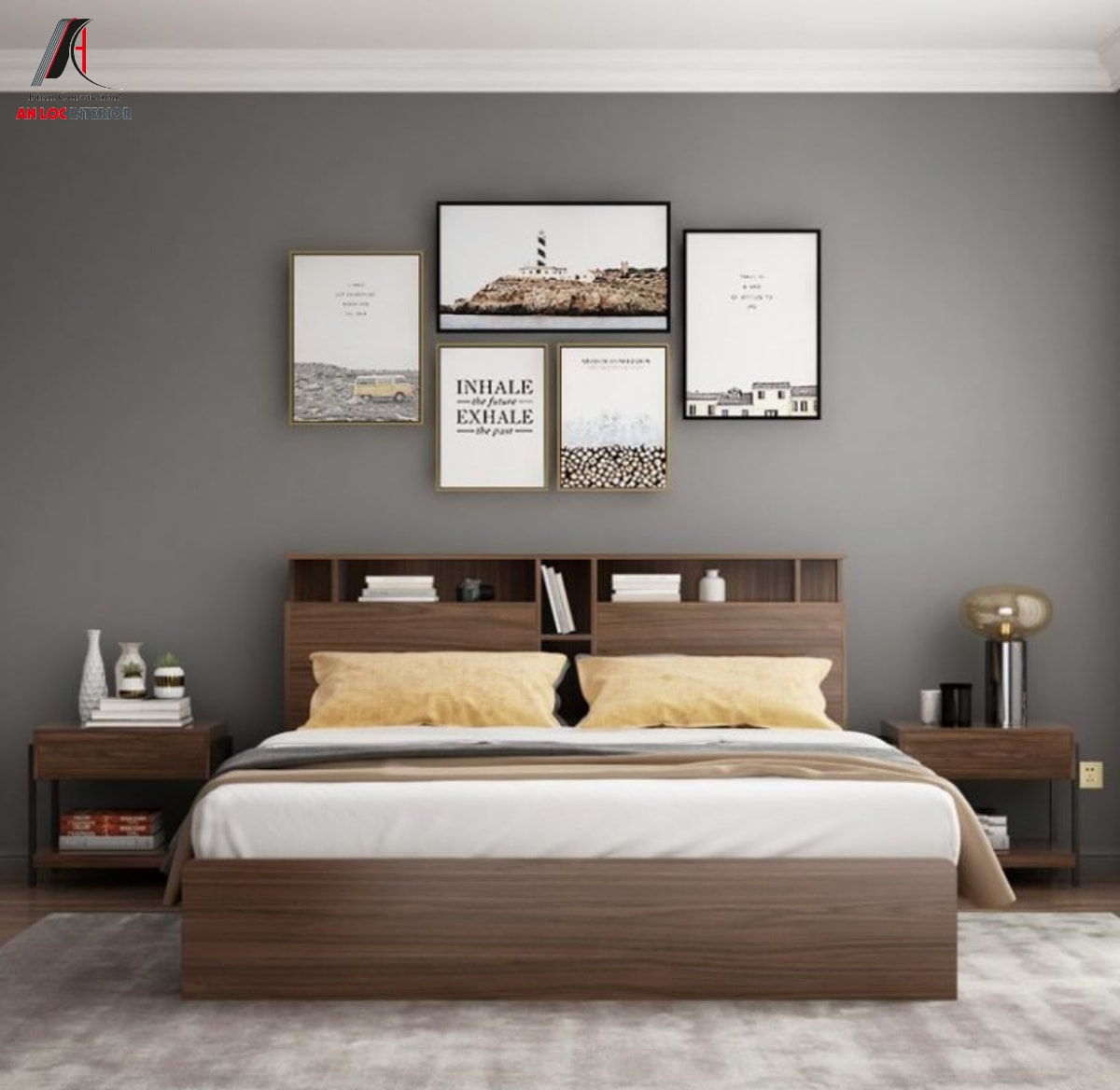 Phòng ngủ giường bệt có tủ đầu giường gỗ công nghiệp