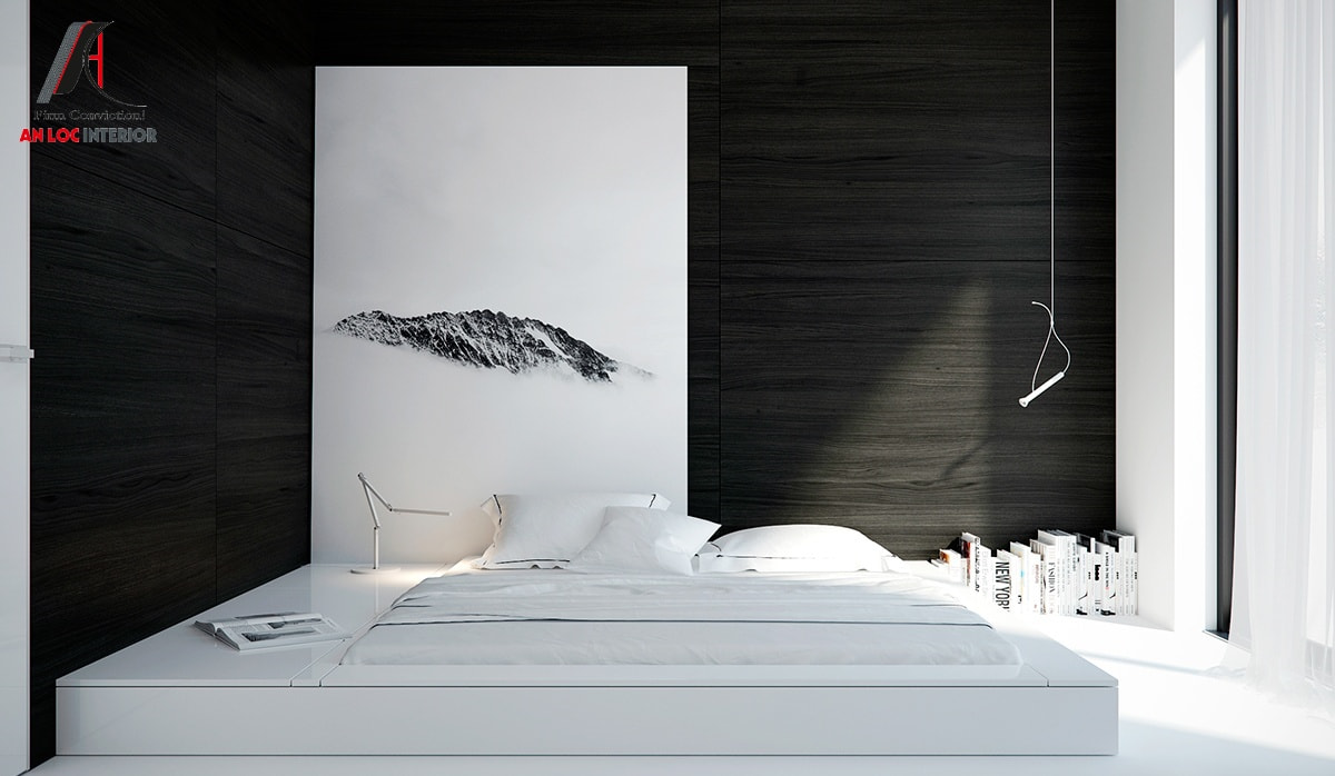 Lựa chọn màu 2 tông màu tương phản trắng - đen độc đáo cho phòng ngủ không giường