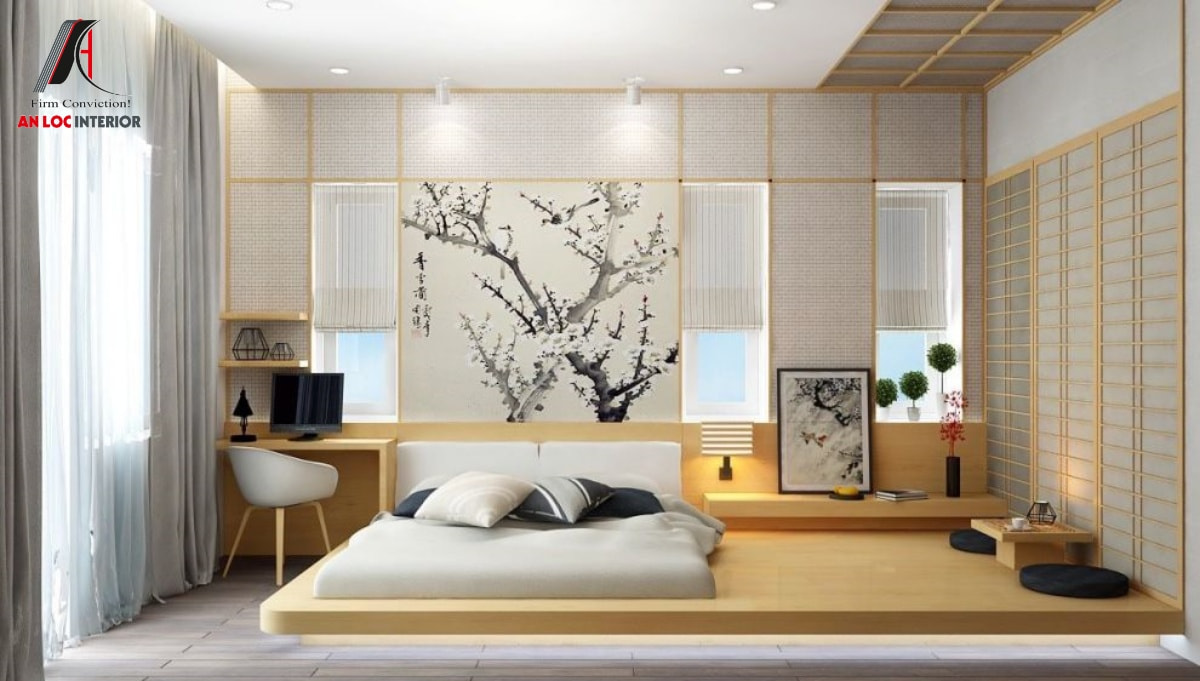 Lựa chọn tone màu chủ đạo là trắng và nâu gỗ cho thiết kế phòng ngủ không có giường Nhật Bản