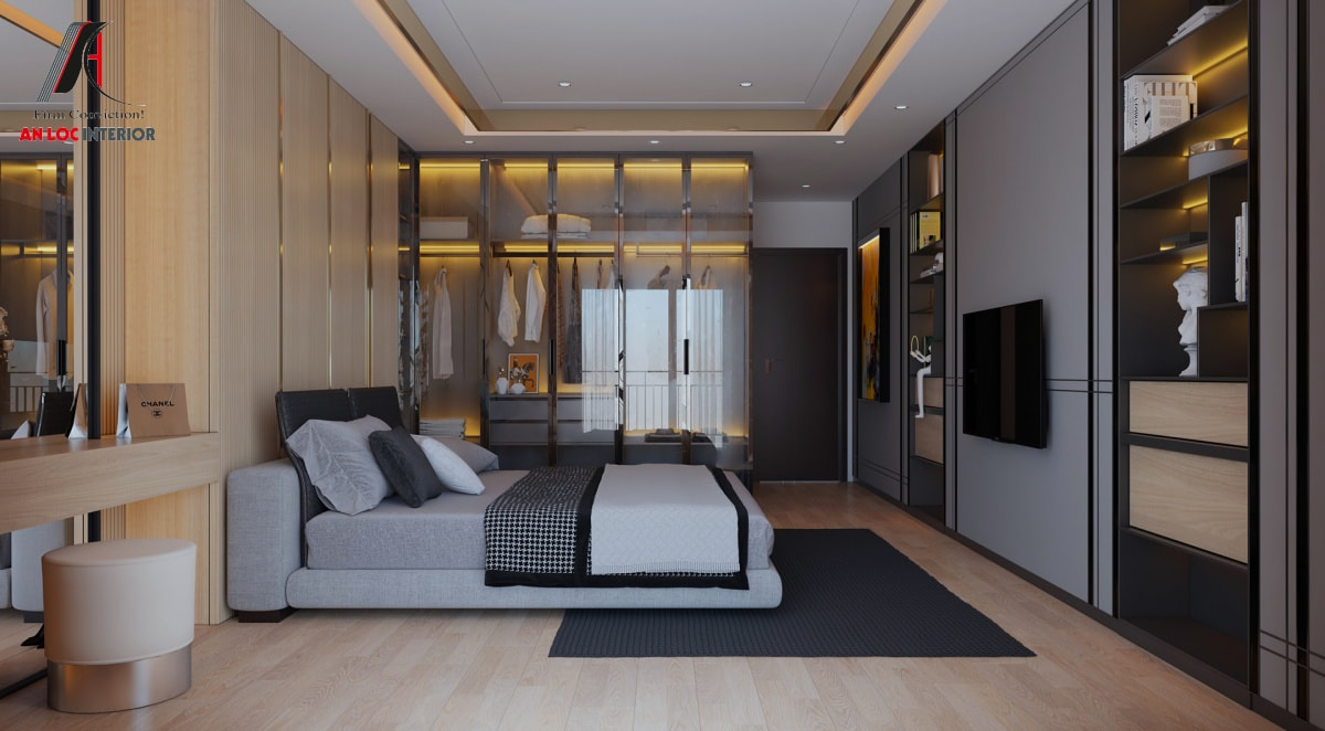 Thiết kế phòng ngủ master hiện đại với kệ tivi treo tường kết hợp tủ trang trí âm tường giúp tiết kiệm diện tích