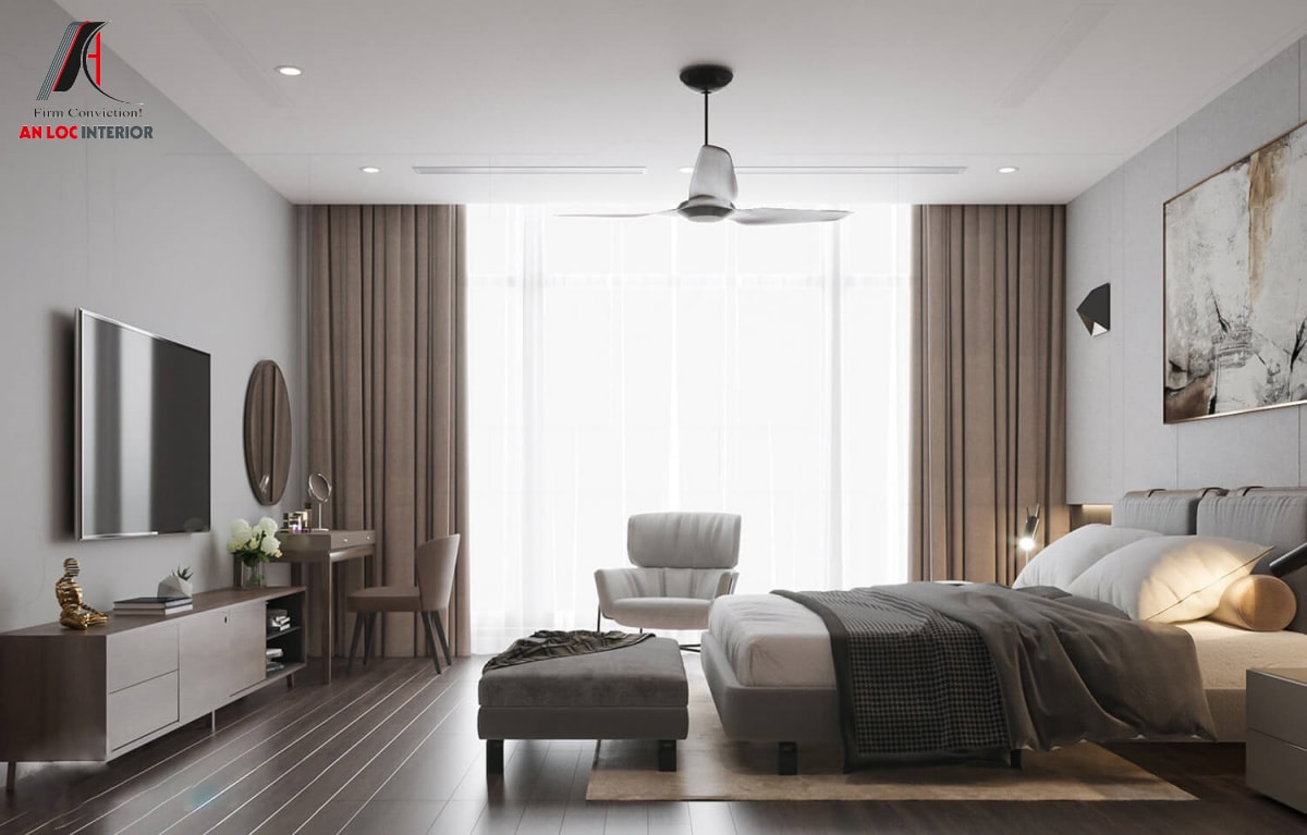 Hệ cửa kính lớn mang đến nguồn sáng tự nhiên dồi dào cho phòng ngủ master