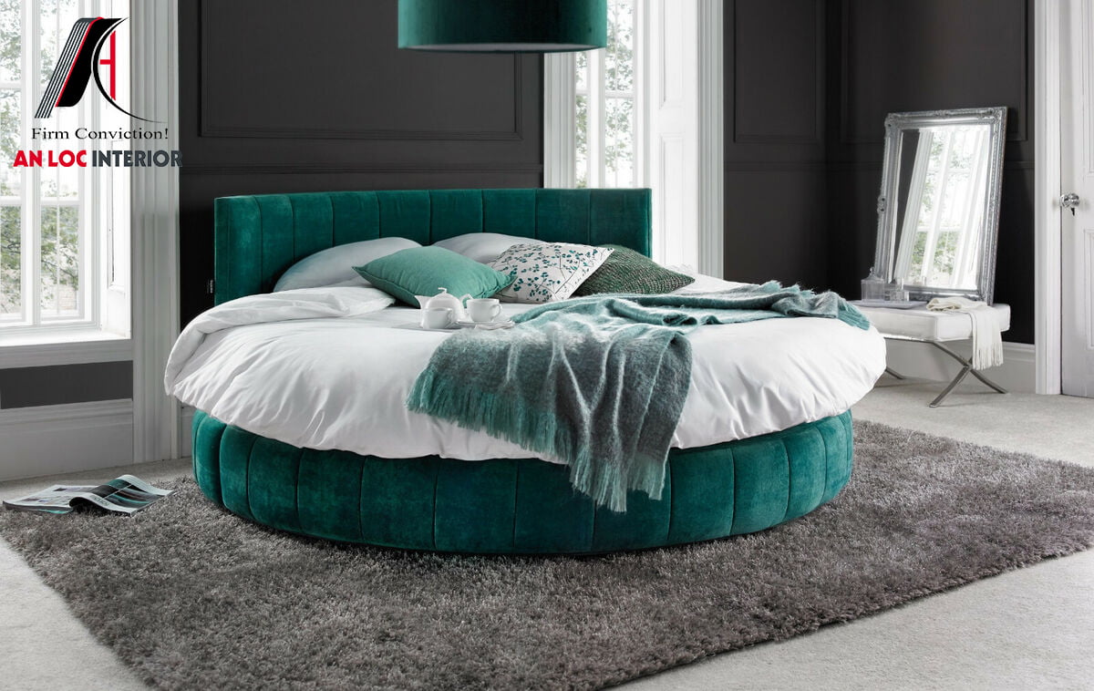 Mẫu 09: Giường ngủ tròn lãng mạn bọc nỉ màu xanh lam