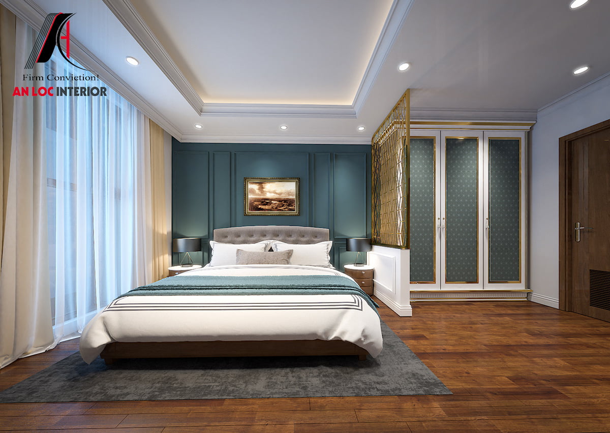 Mẫu 27: Mẫu trần thạch cao trắng cùng với các thiết kế nội thất làm nổi bật không gian hiện đại của phòng ngủ 