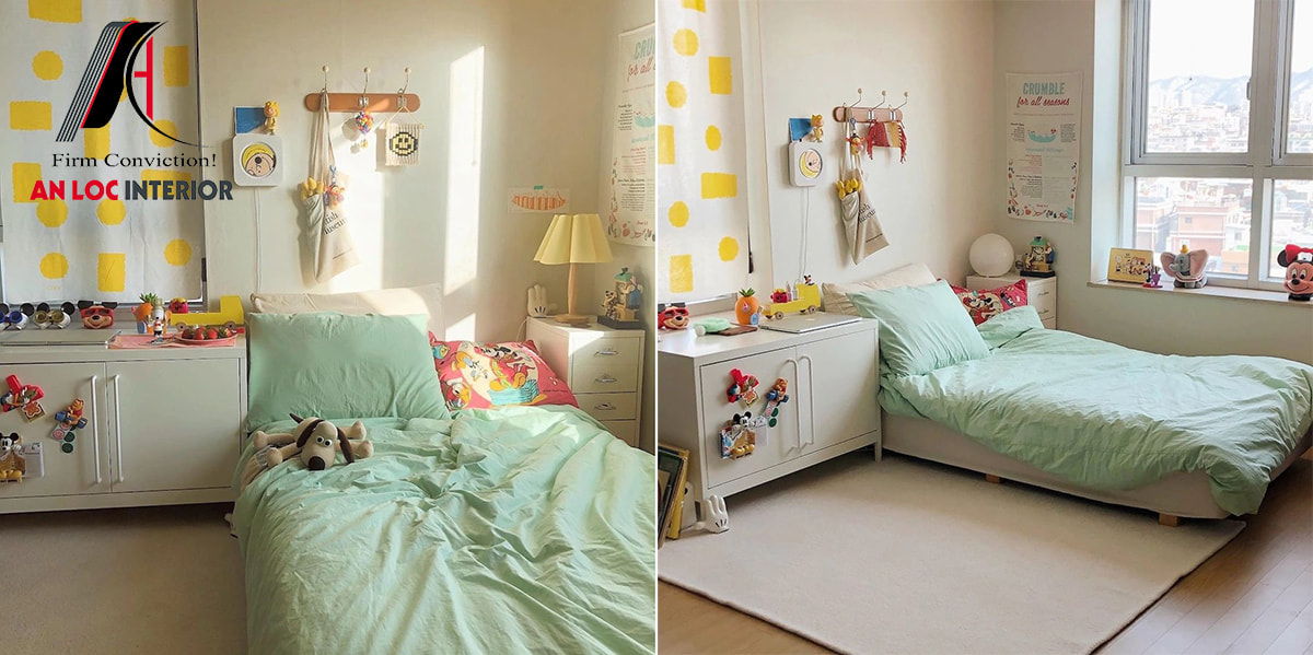 Căn phòng ngủ nhỏ theo phong cách Hàn Quốc có màu pastel tươi sáng 