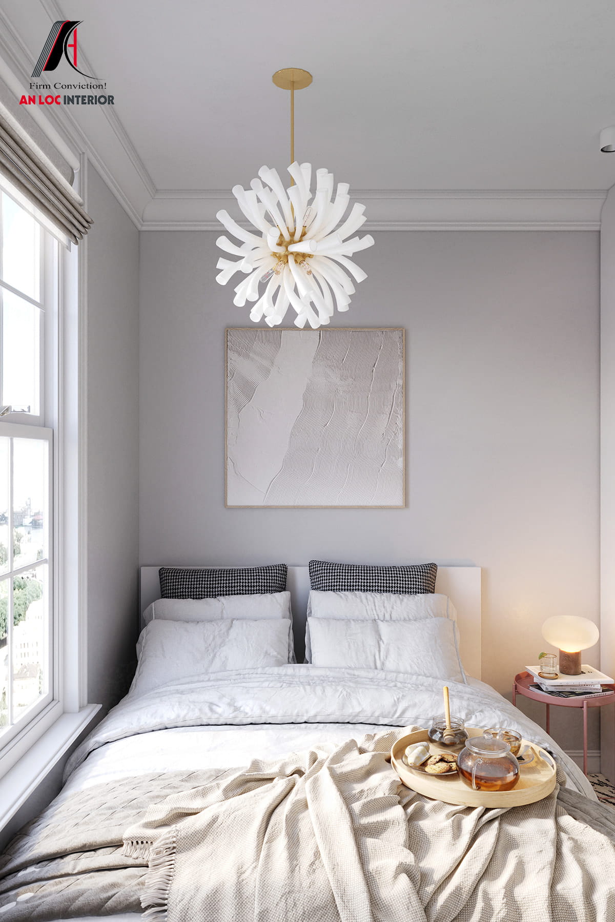 Căn phòng ngủ nhỏ màu trắng tạo cảm giác tinh khôi, xinh đẹp với cửa sổ chiếu sáng tự nhiên 