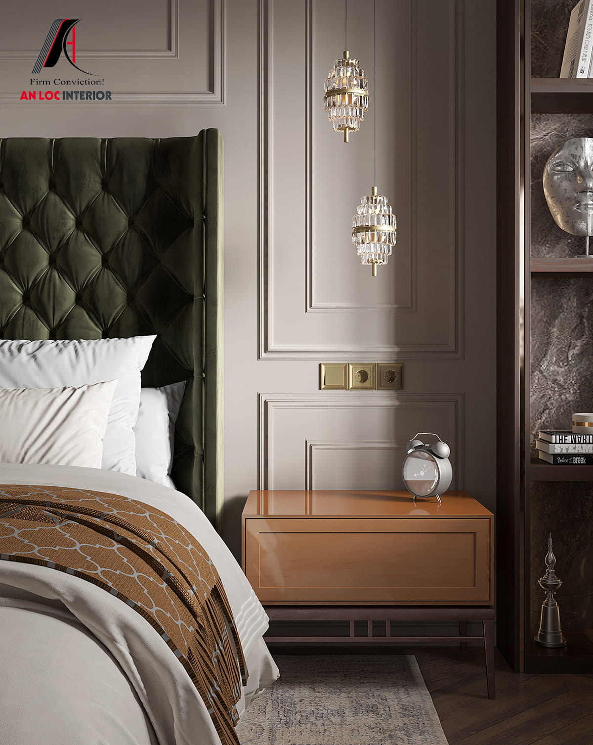 Phòng ngủ tân cổ điển sử dụng các chi tiết trang trí được làm từ những chất liệu cao cấp tinh xảo 