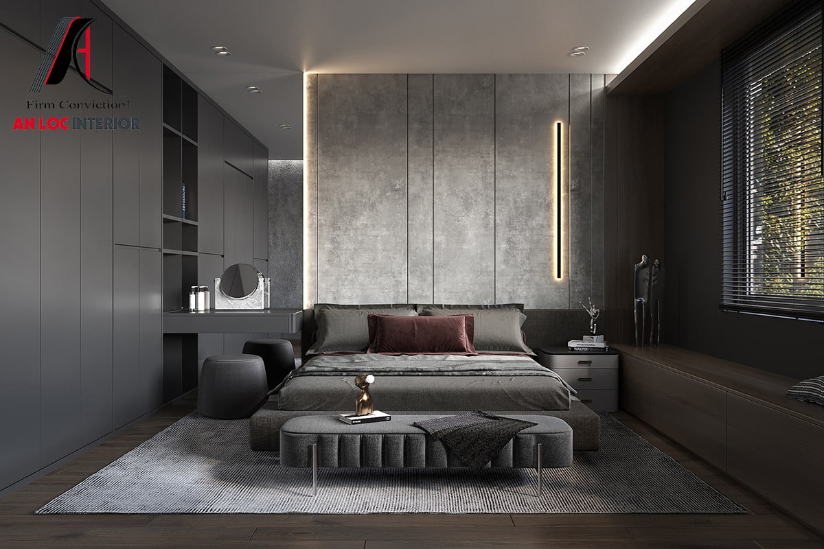 Mẫu 53: Tông màu tối giản tạo không gian phòng ngủ hài hòa ấn tượng hơn