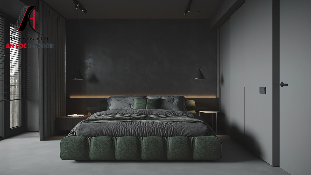 Mẫu 52: Tường đầu giường phòng ngủ với tông màu tối giúp nội thất nổi bật hơn