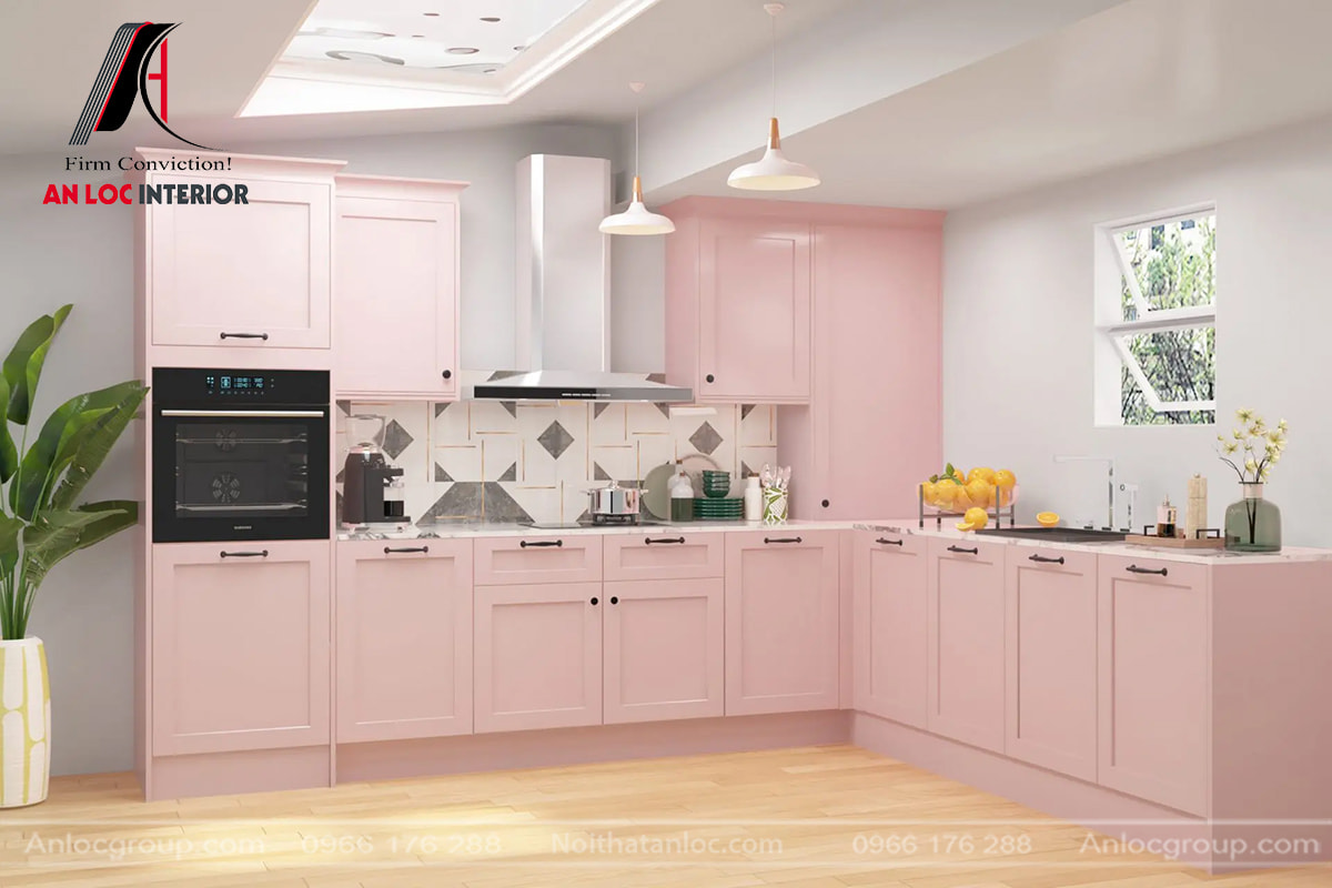 Tủ bếp màu hồng dành cho người mệnh Hỏa