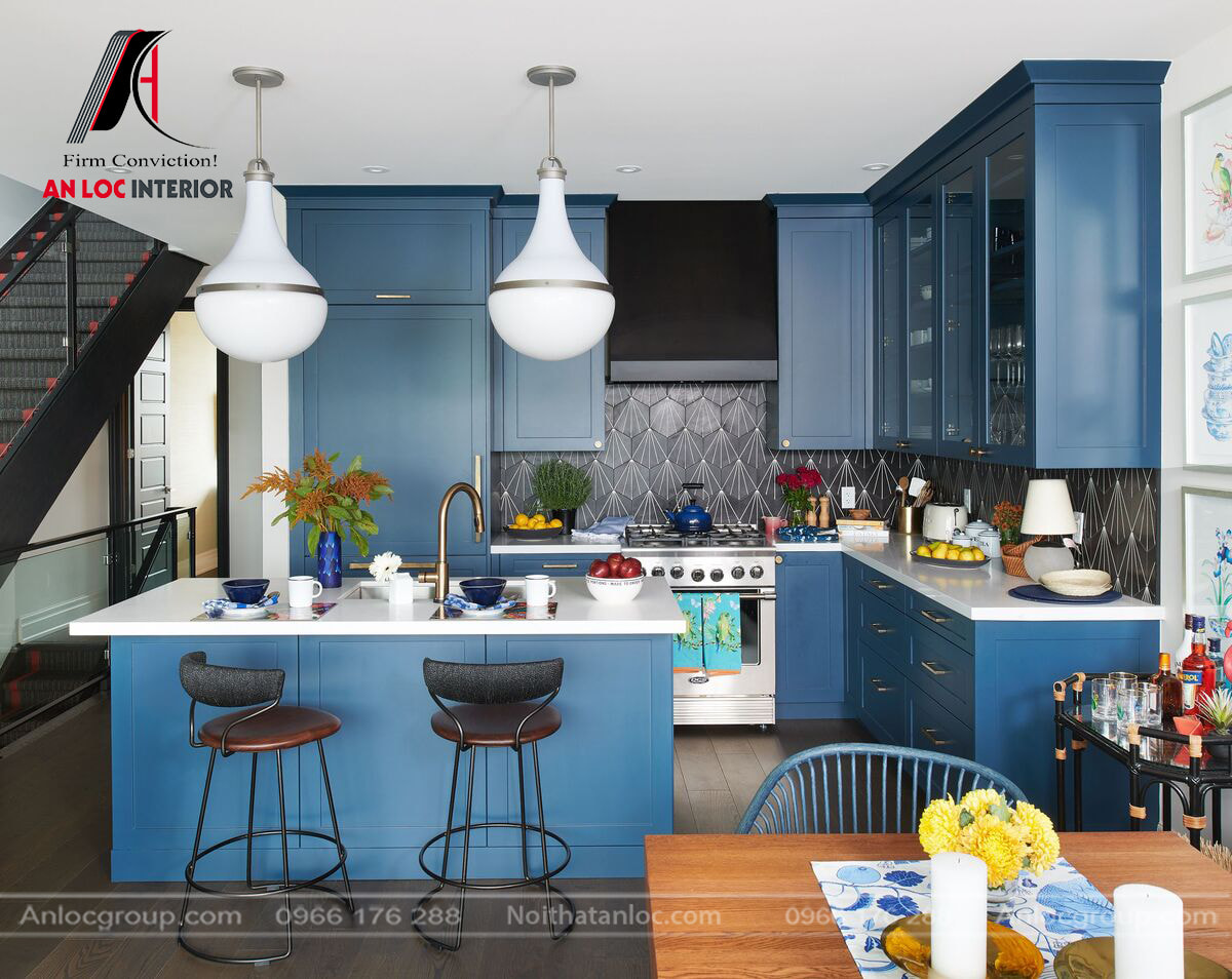 Thiết kế tủ bếp màu xanh dương cho người mệnh Thủy 