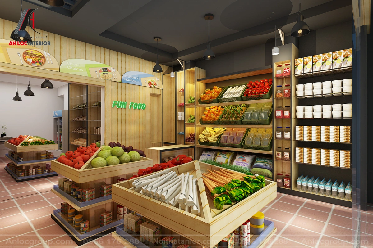 Mẫu thiết kế siêu thị mini bán hoa quả nhập khẩu 